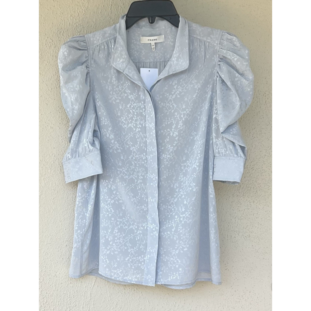 NWT Frame Gillian Denim Blue Silk Puff Sleeve Blouse Size Small Petite Pastel - Picture 2 of 7
